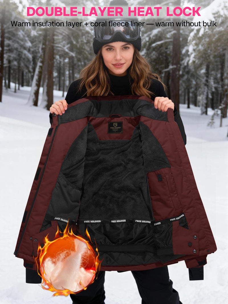 FREE SOLDIER Women's Waterproof Ski Snow Jacket Fleece Lined Warm Winter Rain Jacket with Hood Fully Taped Seams(Wine Red,L) - Image 3
